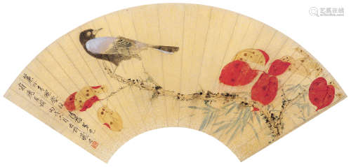 谢稚柳（1910～1997） 红叶小鸟扇面 镜片 设色纸本