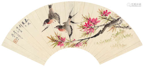 江寒汀（1903～1963） 花鸟扇面 镜片 设色纸本