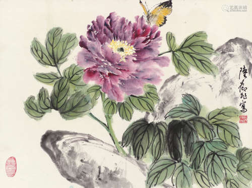 陆抑非（1908～1997） 牡丹 镜框 设色纸本