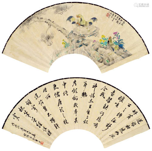 琴鹤史量才（1880～1934） 花鸟、书法扇面 镜片 设色纸本