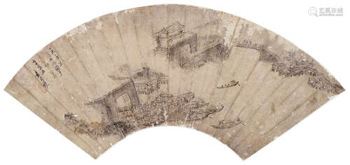 袁尚统（1570～1661） 山水人物扇面 镜片 设色纸本
