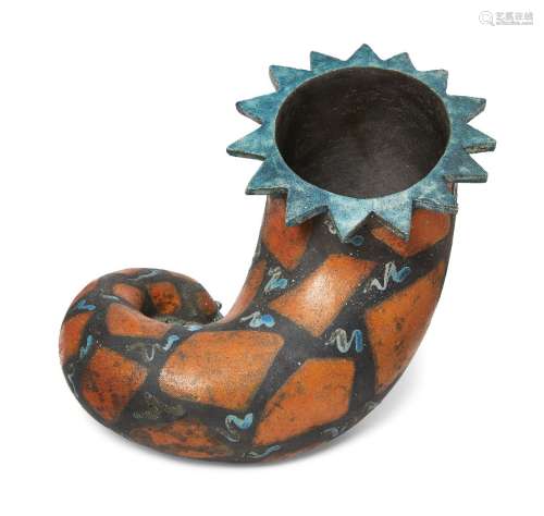 Studio Pottery (British), a cornucopia c.1980, unsigned A large raku fired cornucopia form decorated