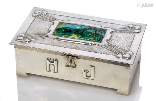 An Art and Crafts plated metal and enamel box with hinged cover, the enamel plaque possibly by