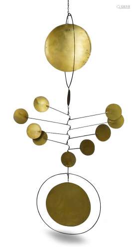 American, a hanging brass mobile Signed 'Kelly' and dated '1980' in pen With twelve suspended