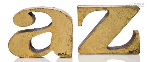 Curtis Jeré, 'a' and 'z' bookends Both signed and dated 1971 In cast iron with gold leaf finish Each