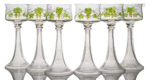 A Set of Six enamelled Bohemian hock glasses c.1905 Each bowl painted in colours with trailing vine,