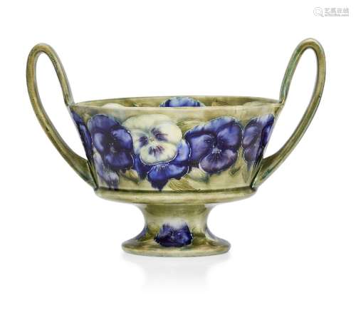 William Moorcroft (1872-1945), a Pansy pattern twin-handled bowl c.1915, signed in green W Moorcroft