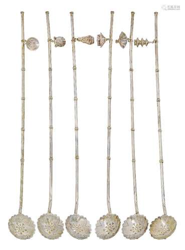 A Set of six Japanese silver-coloured metal drinking straw-spoons 20th Century, stamped 'Sterling
