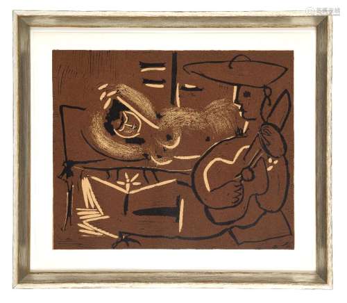 Pablo Picasso, Spanish 1881-1973- Reclining Woman and Picador with Guitar, 1962; linocut in