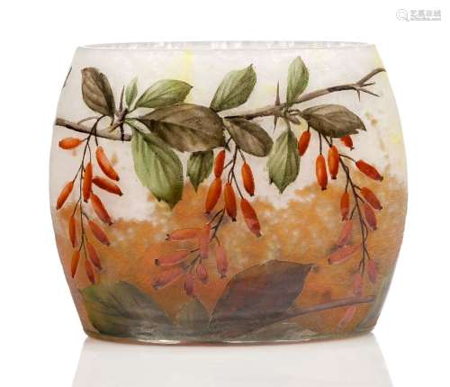 Daum, an enamelled glass pillow vase with rosehips c.1910, signed in relief Daum Nancy with Cross of