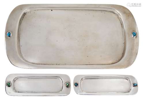 Liberty & Co, a silver tray and two pin trays set with turquoise matrix cabochons Mark of