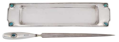Liberty & Co, a silver pen tray and letter opener both set with turquoise matrix cabochons Pen