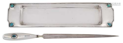 Liberty & Co, a silver pen tray and letter opener both set with turquoise matrix cabochons Pen
