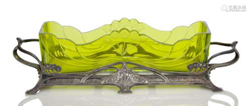 WMF, a German Art Nouveau metal and green glass centrepiece c.1905, stamped maker's marks to base
