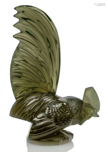 René Lalique (1860-1945), 'Coq Nain' a 'topaz' glass car mascot No.1135, designed 1928, moulded R