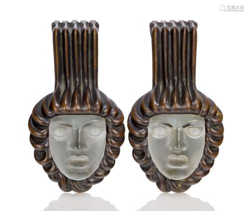 René Lalique (1860-1945), a pair of 'Cluny' patinated bronze and polished glass Handles Unsigned,