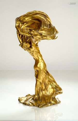 Raoul Larche (1860-1912), an Art Nouveau gilt-bronze figural table lamp of Loie Fuller c.1900,