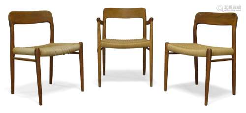 Niels Moller, a model '75' armchair and two side chairs c.1960, each chair with stamped