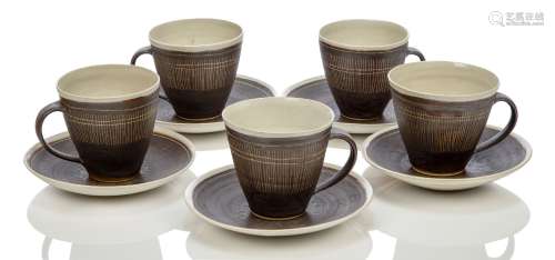 Hans Coper (1920-1981) and Dame Lucie Rie (1902-1995), a good set of cups and saucers c.1955, both