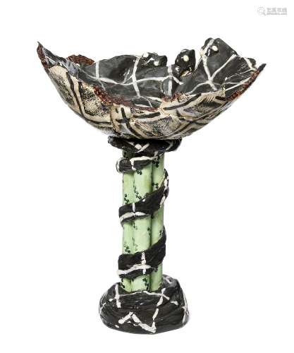 Carol McNicoll (1943-), a tall pedestal bowl 1991, signed and dated to base A tall hand built bowl