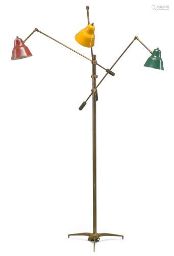 Italian, a brass three light standard lamp, In the manner of Stilnovo c.1950 With three enamelled
