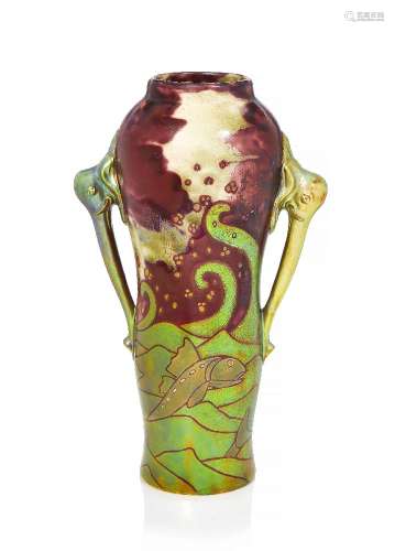 Zsolnay, a good Eosin glazed ceramic vase with twin elephant-head handles and stylised fish