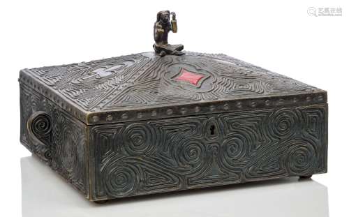 A cold-painted bronze card box, possibly American First quarter 20th Century Bronze box cast with
