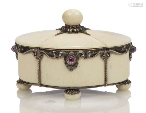 A silver and ivory box and cover with amethyst cabochons c.1915, stamped maker's mark, possibly