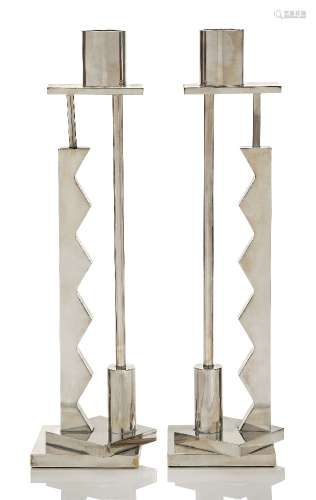 Ettore Sottsass (1917-2007), a pair of silver plated 'Silvershade' candlesticks, for Swid Powell c.