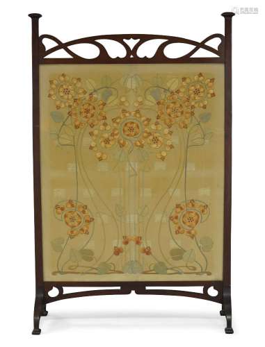 An Art Nouveau mahogany fire-screen with 'Glasgow School' Embroidered panel c.1905, label on the