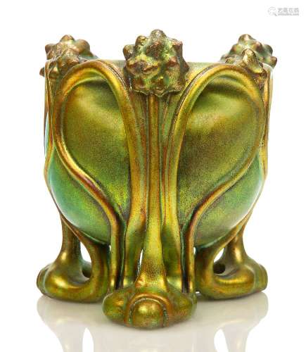 Zsolnay, an Art Nouveau Eosin glazed ceramic vase raised on three open work feet c.1905, raised