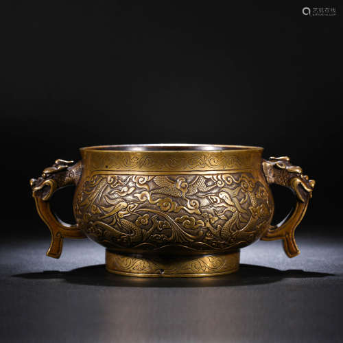 17世纪 铜鏨刻云龙纹双耳炉
