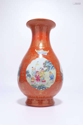 chinese coral-red glazed pear shaped vase,qing dynasty
