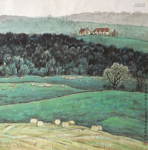 方楚雄 1998年作 英格兰的牧场 镜片 设色纸本