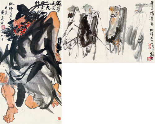黄永玉李世南 1984年作、1991年作 惩恶是最大的善行、人物 立轴、镜片 设色纸本