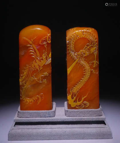 PAIR OF TIANHUANG STONE SEAL CARVED WITH DRAGON&PHOENIX