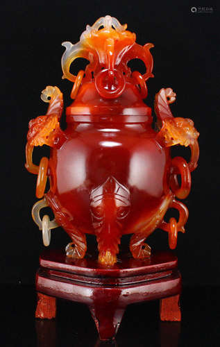 AN AGATE CENSER WITH BEAST EARS&FEET