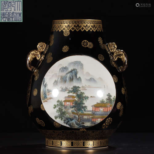 A BLACK GLAZE VASE PAINTED WITH LANDSCAPE