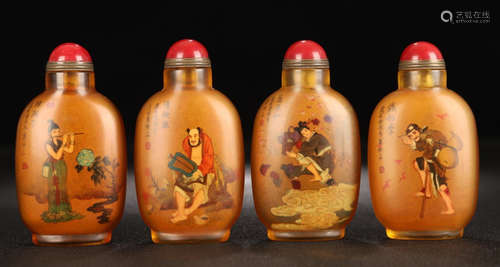 SET OF GLASS SNUFF BOTTLE PAINTED WITH FIGURE&POETRY