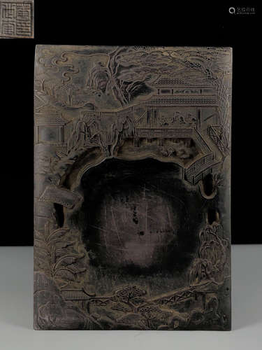 AN INK SLAB CARVED WITH LANDSCAPE