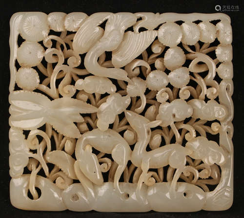 A HETIAN JADE TABLET CARVED WITH FLOWER&DEER