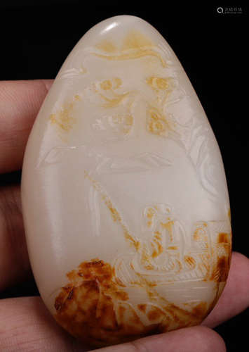 A HETIAN WHITE JADE PENDANT CARVED WITH STORY&POETRY