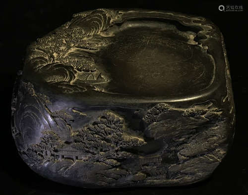 AN INK SLAB CARVED WITH LANDSCAPE