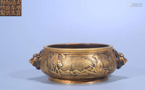 A GILT BRONZE CENSER CARVED WITH STORY