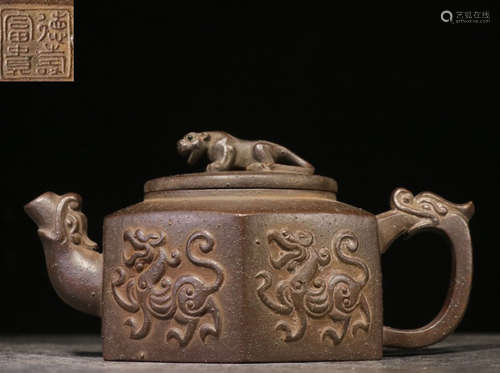 A ZISHA TEA POT CARVED WITH BEAST