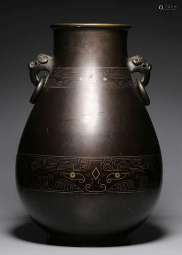 A COPPER WITH GOLD&SILVER VASE