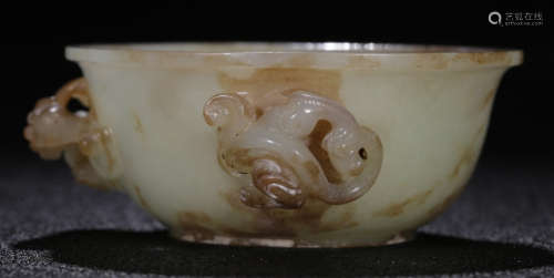 A HETIAN WHITE JADE BOWL CARVED WITH BEAST