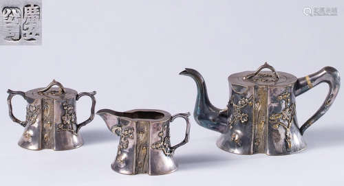 SET OF SILVER POT CARVED WITH PLUM FLOWER