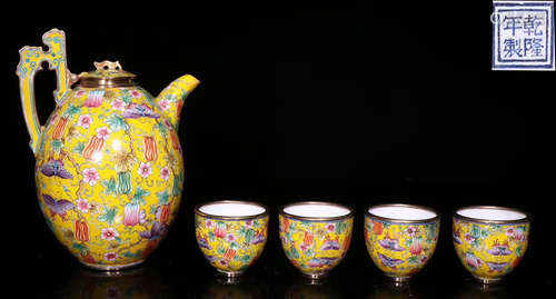 SET OF CLOISONNE POT&CUPS WITH FLOWER PATTERN