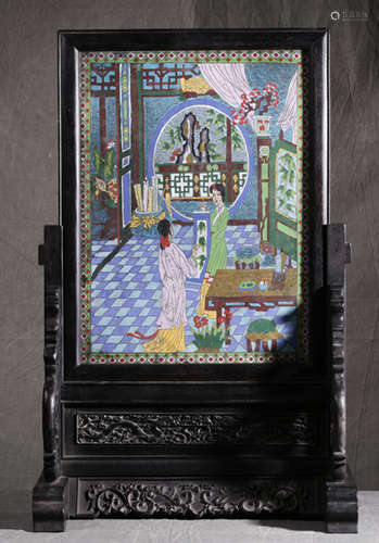 A CLOISONNE SCREEN WITH FRAME